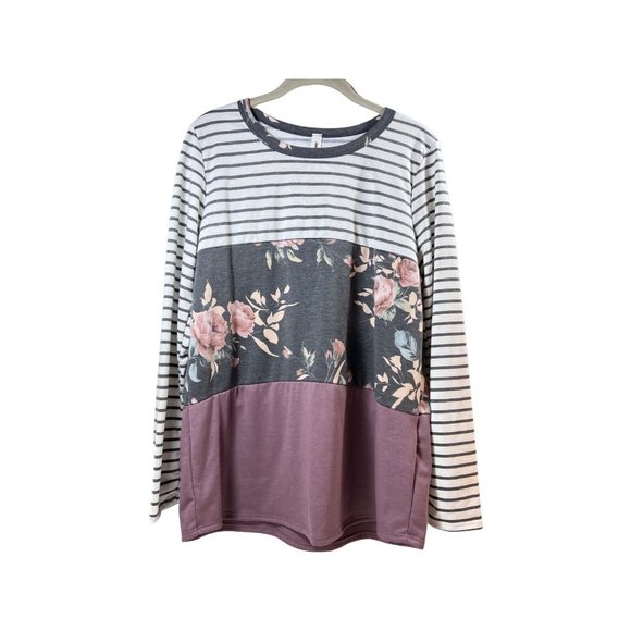 Vanilla Bay Tops - Vanilla Bay Color Block Long Sleeve Purple Floral Stripes NWT Sz L